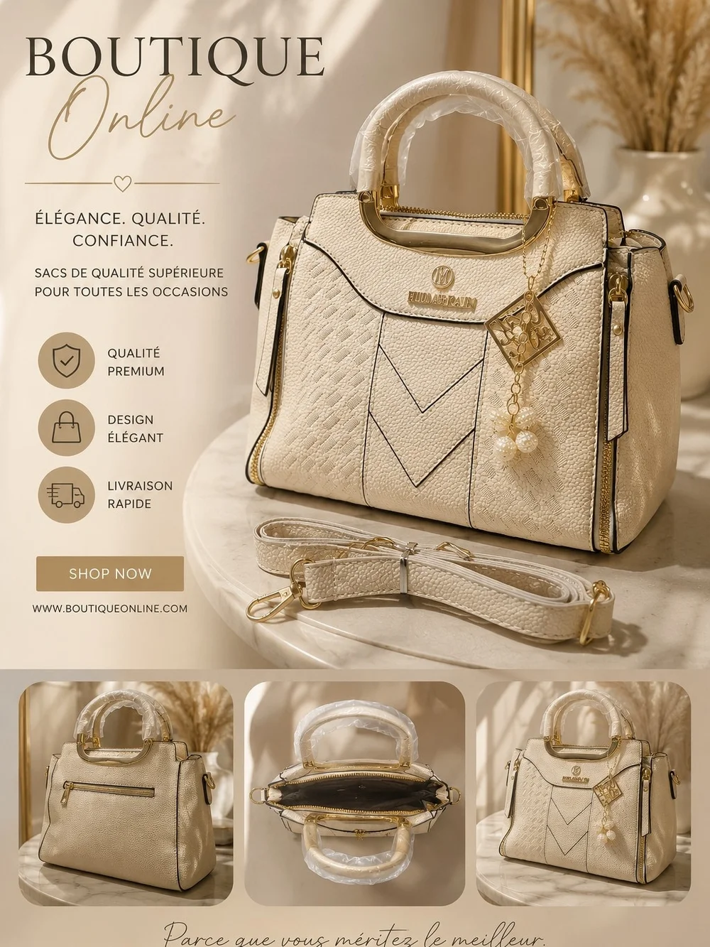 Cream Structured Satchel with Removable Strap